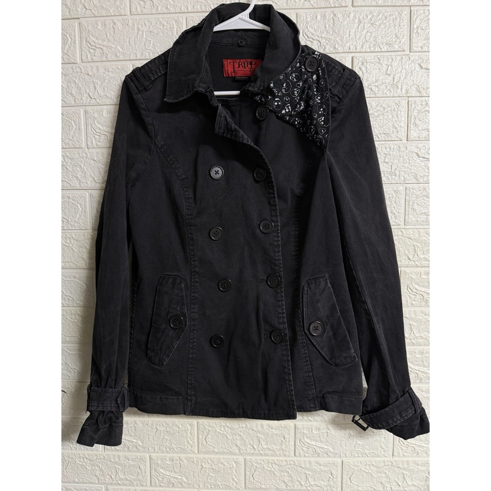Tripp NYC Pea Coat Womens XL Black Double Breasted Skull Collar Jacket